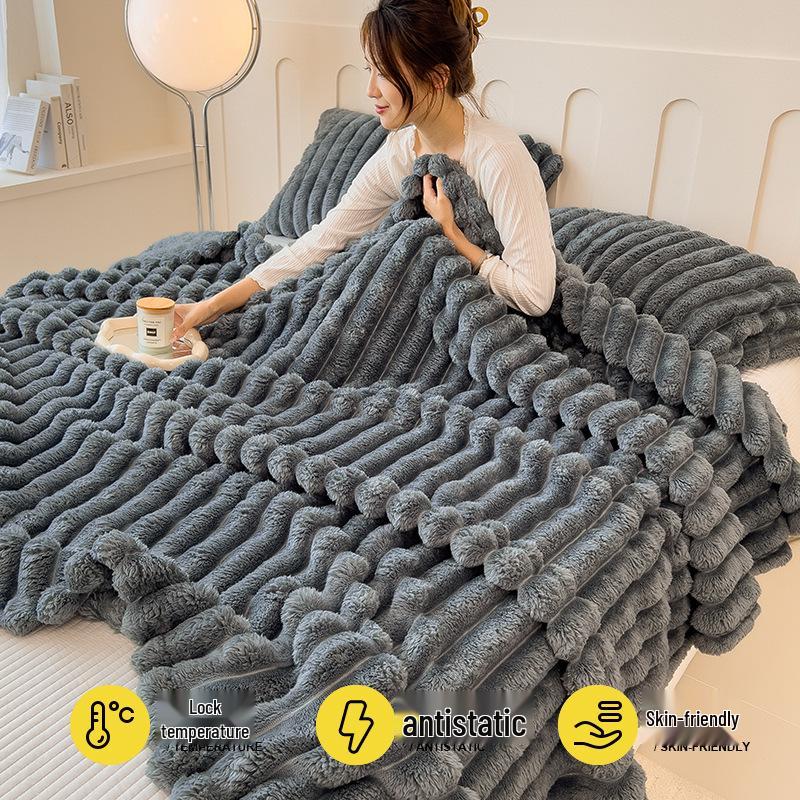 Rabbit Fur Plush Coral Fleece Flannel Nap Blanket - Gift for Office or AC Use