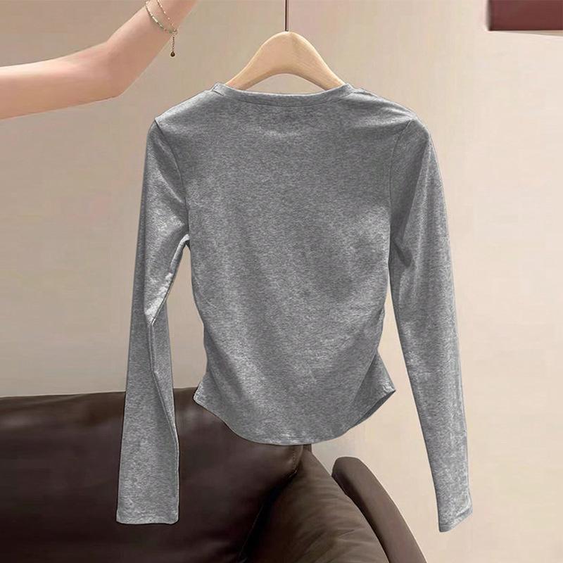 Tricou de damă de primăvară și toamnă, culoare uni, cu mâneci lungi, cu talie plisată, cu gât rotund, pulover