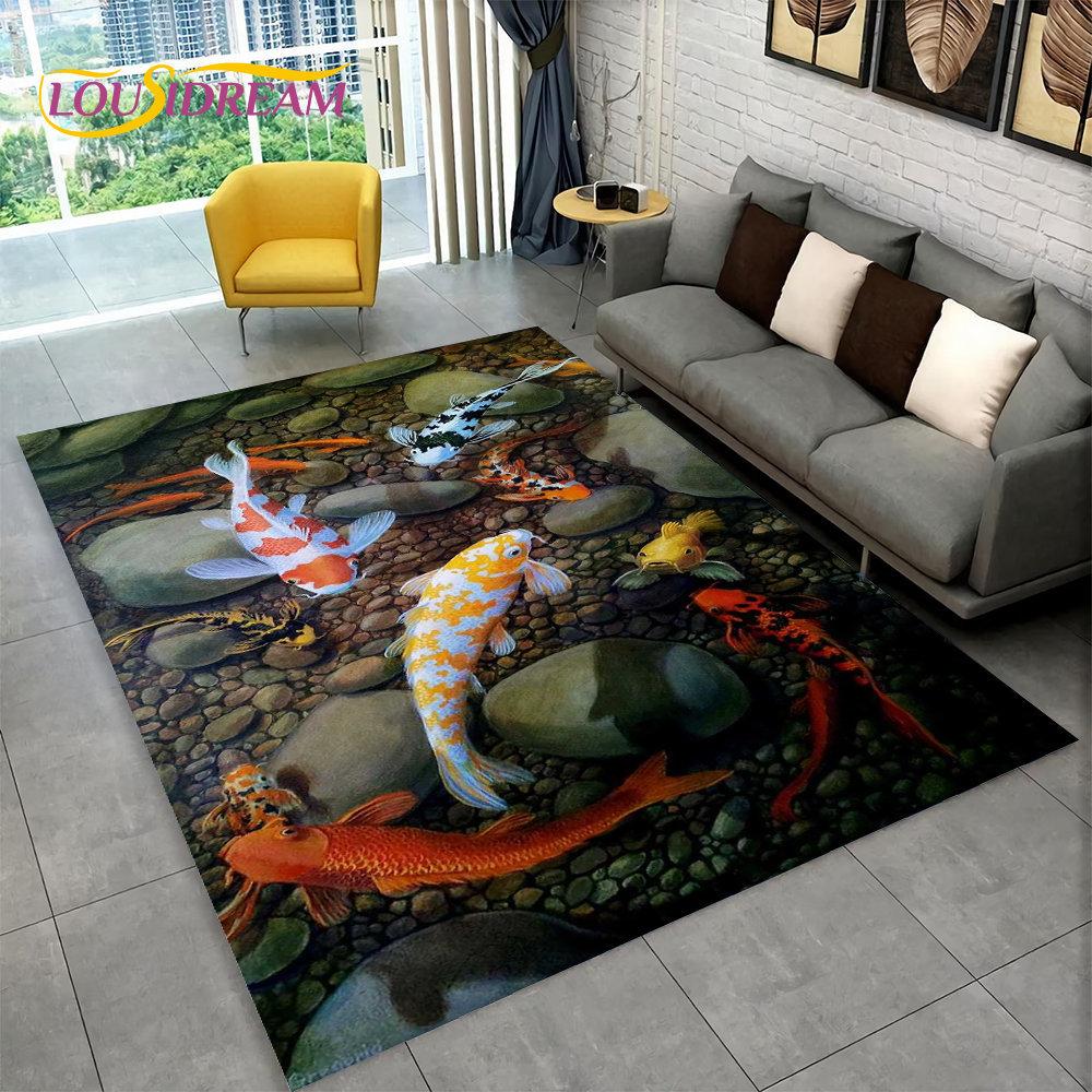 3D Pastoral Tai Chi Carp Fish Area Rug,Carpet Rug for Living Room Bedroom Sofa Doormat Decor,Kid Play Kitchen Non-slip Floor Mat