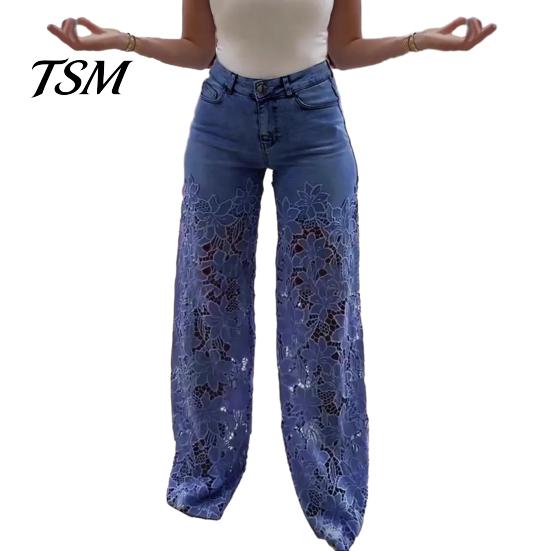 Jeans Versatili da Donna Patchwork di Pizzo da Donna Borsa Casual Ampia Gamba Dritta Larga Spandex per Pantaloni in Denim Vita Media Floreale Traforato Flessibile