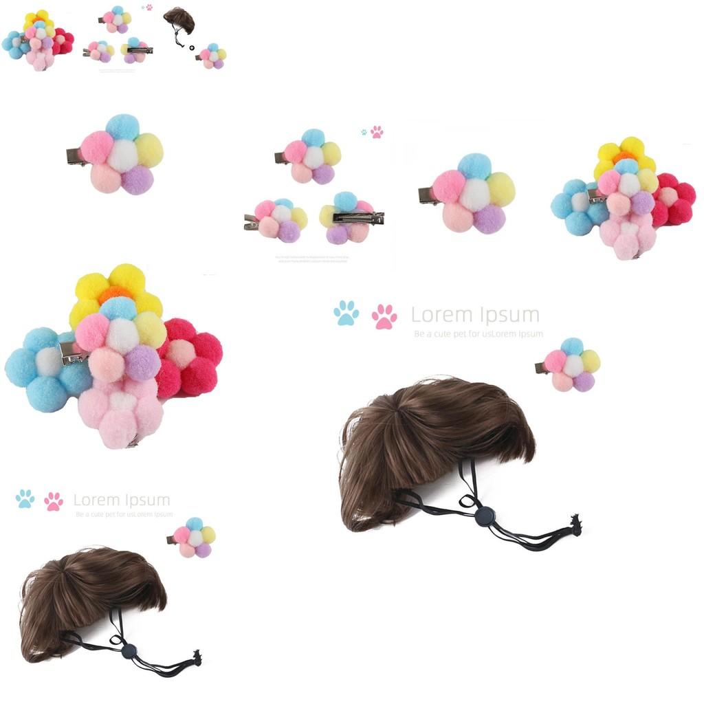 Festive Pet Wig Accessory Set With Brown Bob Hairstyle And Colorful Flower Pins For Celebrations