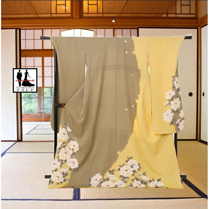 

[Formal Costume] Sales Clarena s flaxen pale yellow snow ring peony pure silk medium long-sleeved kimono (MS1256) (used) (USED) (recycled) [Japanese