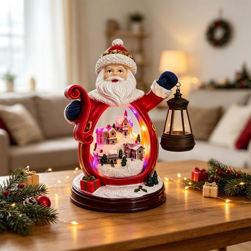 Hars Santa Lantaarn Beeldje met Warm Licht, Kerstdecoratie met Open Voorkant met Kleurrijk LED Verlicht Dorp Decoratie voor Tafelblad Plank Display