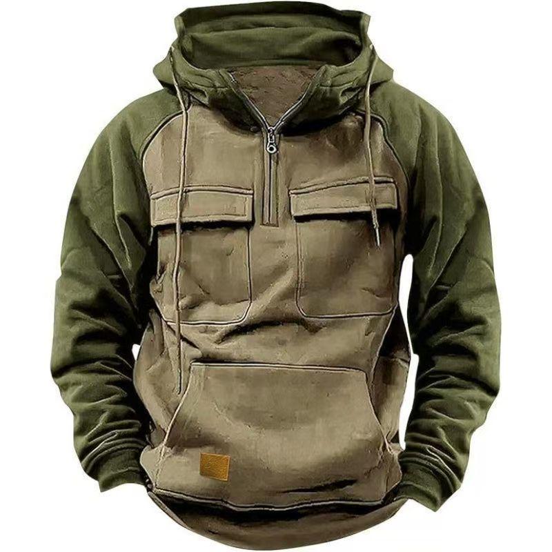 2026 Men s American Style Heavyweight Fleece-Lined Hooded Motorcycle Zipper Sweatshirt M хаки