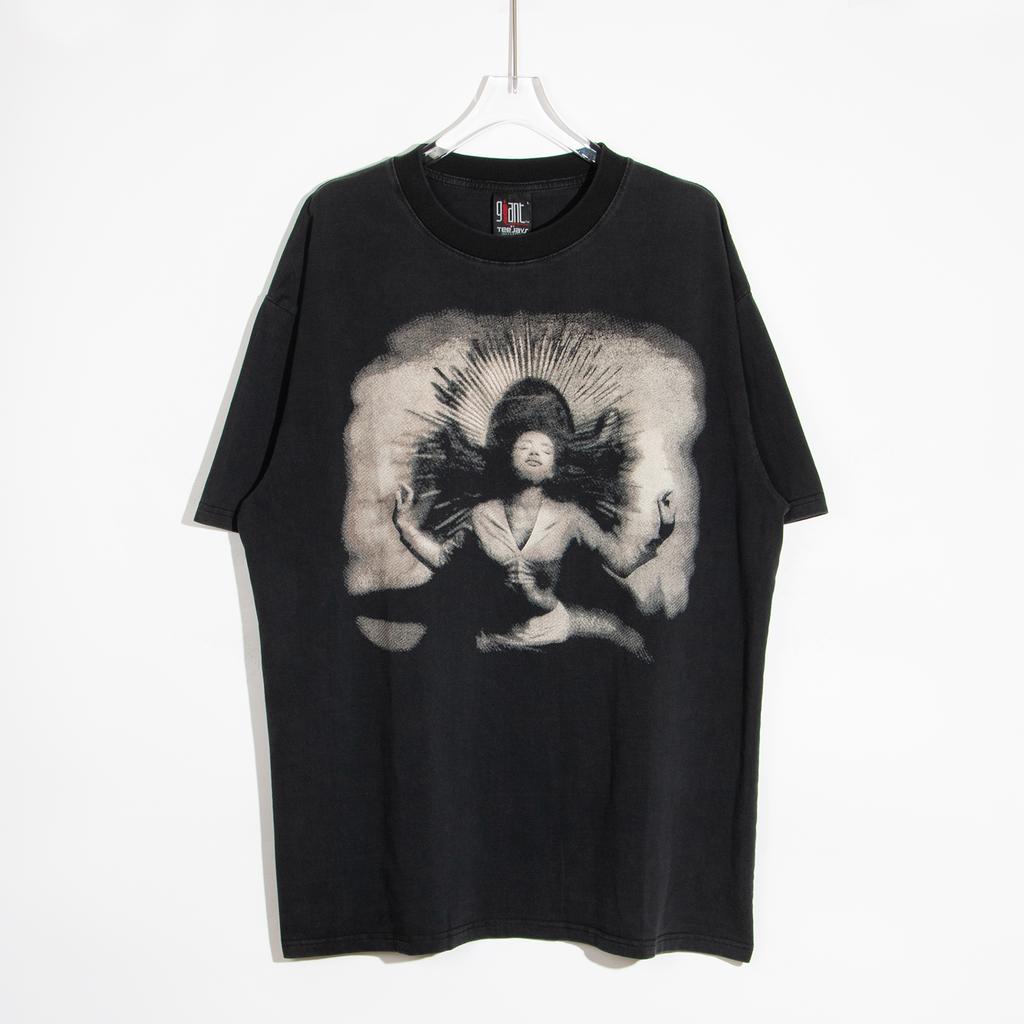 High quality VINTAGE TEE portrait pattern printed American casual summer washed retro loose sleeved street heavyduty Tshirt