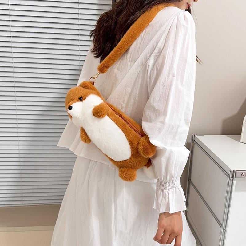 Soft Otter Plush Crossbody Bag Fluffy Portable Stationery Bag for Girls Daily Use Birthday Presents