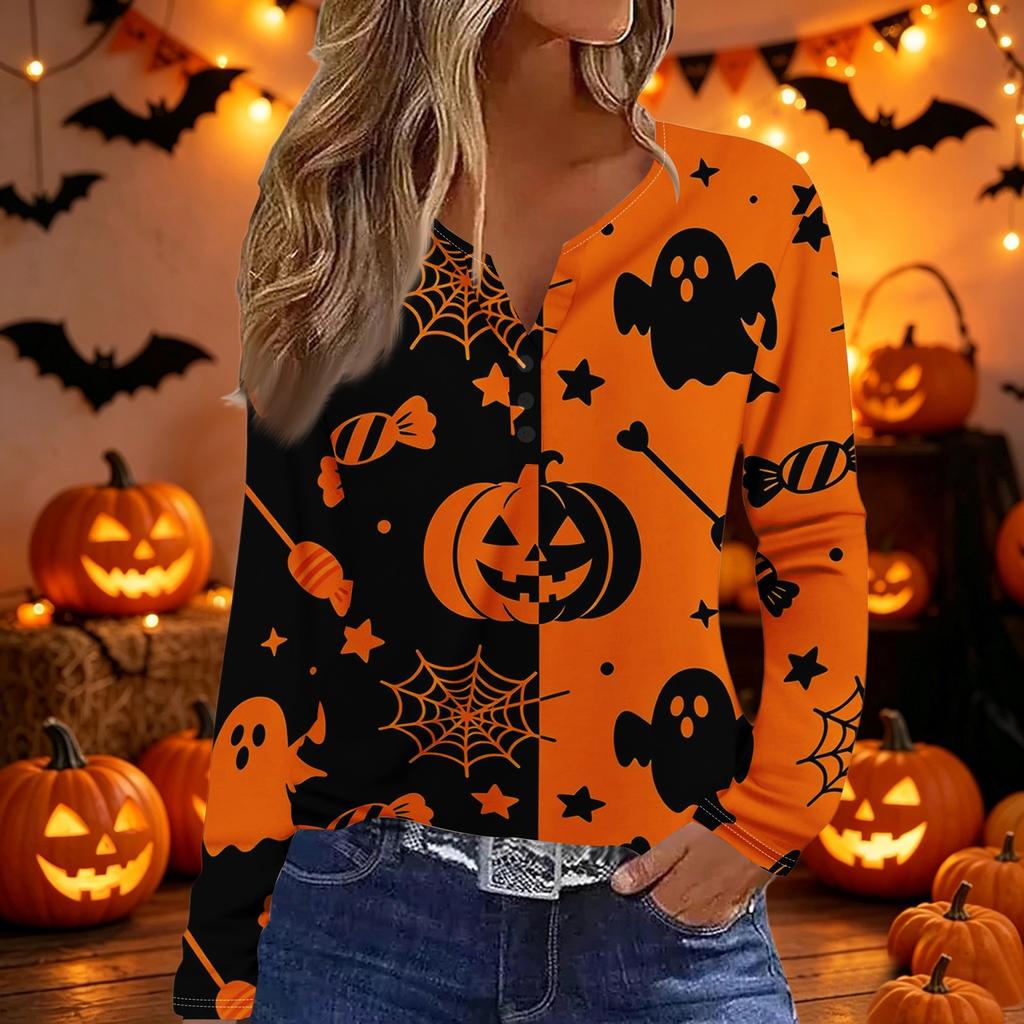 Women V Neck Button Long Sleeve Top with Halloween and Letter Print Casual Loose Fit Shirt for Autumn