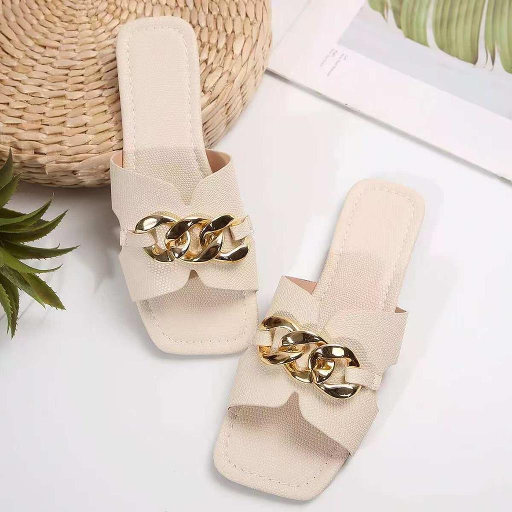 Fashion New Flat Leopard Women'S Slippers New American Metal Chain Square Toe Flat Shoes Women'S Sandals Slippers Zapatos