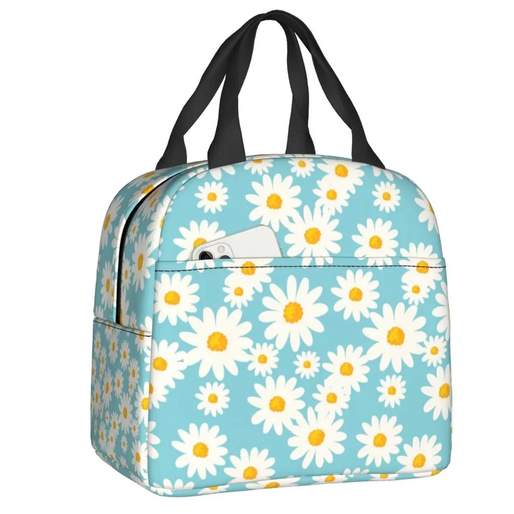 Floral Daisy Print Insulated Lunch Bag for Women Chamomile Flowers Cooler Thermal Lunch Tote Box Portable Picnic Food Bento Bags