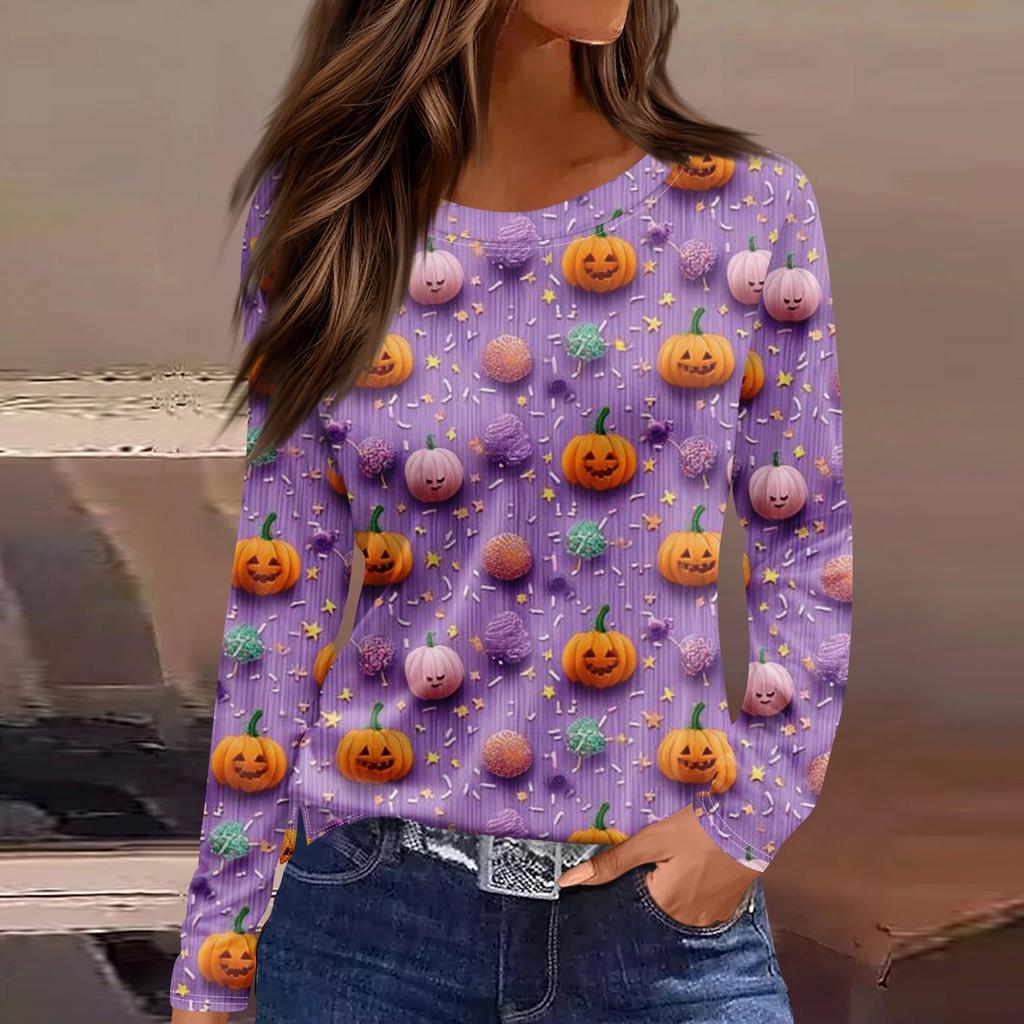 Damenmode Saumschlitz Lässig Halloween-Print Rundhals Langarm Oberteil
