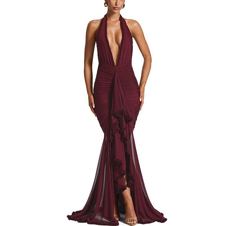 2026 European & American Mesh Patchwork Elegant V-Neck Halter Backless Hip-Hugging Maxi Dress