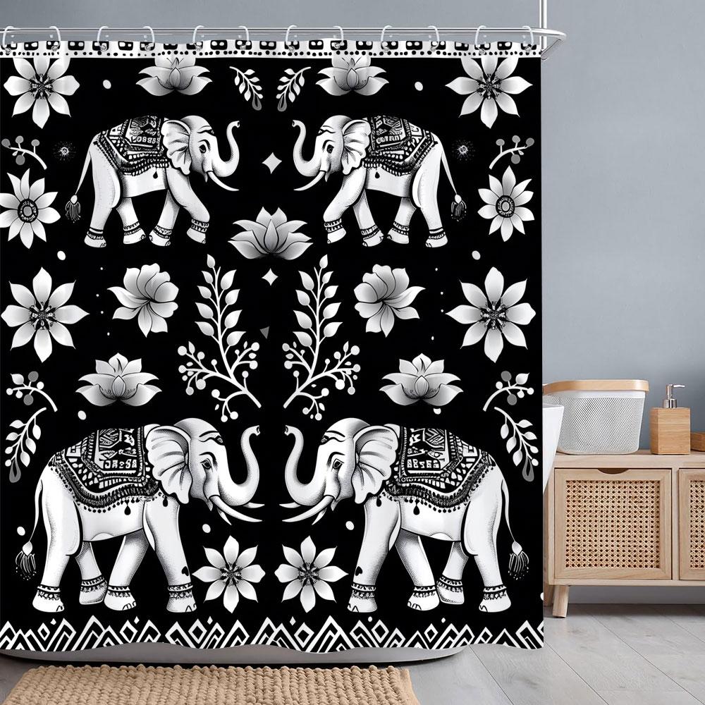 Black and White Elephant Shower Curtain Vintage Bohemian Floral Polyester Fabric Printed Bath Curtains Bathroom Decor with Hooks