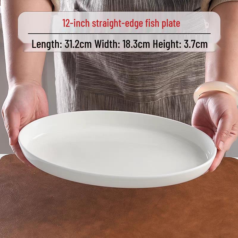 12-inch Rectangular Bone China Deep Fish Plate - Ceramic White Steamed Fish Serving Dish