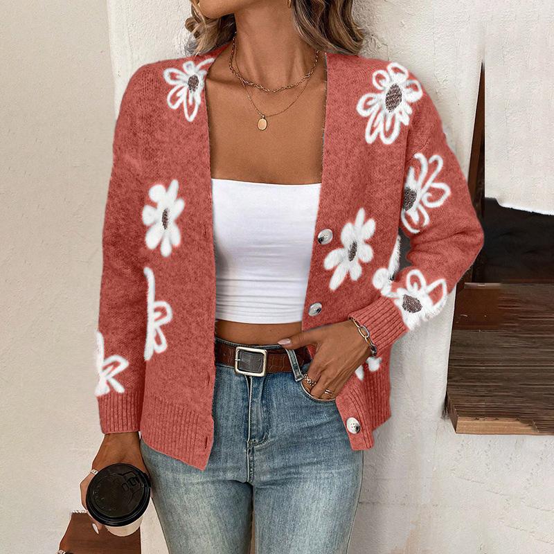 Women's New Autum And Winter Flower Pattern Button Front Cardigan Sweater Coat