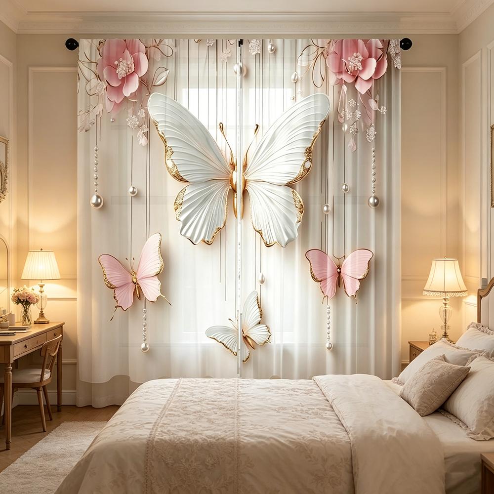 2PCS Digital Printed Curta, 3D Butterfly