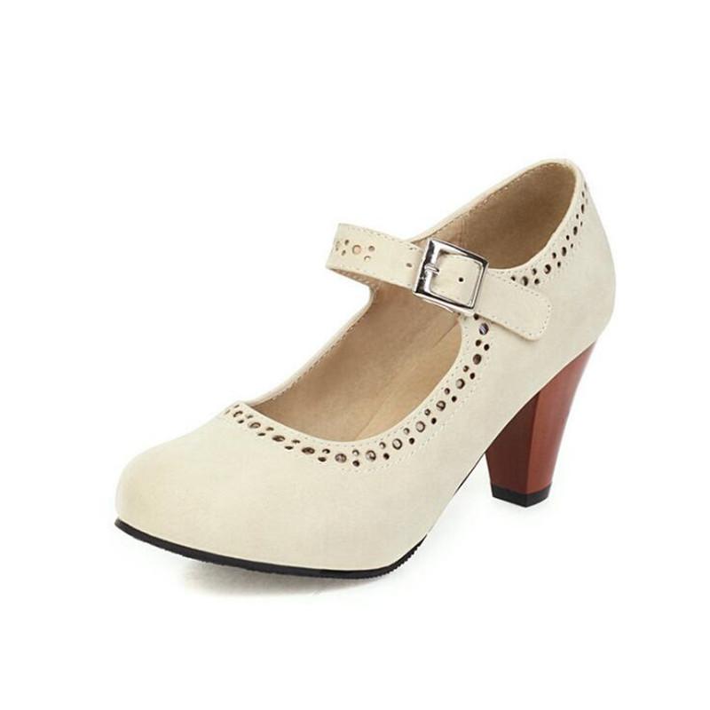 Girls' Shoes Women Pumps Solid Buckle Round Toe Lolita Shoes Square Heel Ankle Strap Shoes Woman High Heel Shoes Plus Size 32-43