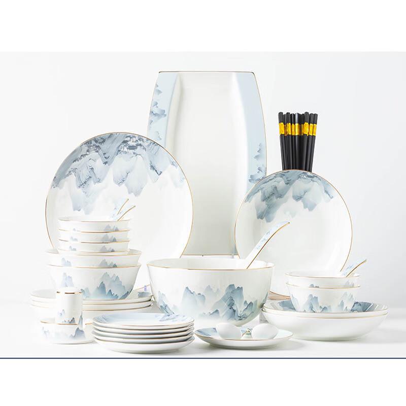 Jingdezhen Ceramic  A Thousand Miles of Rivers and Mountains  42-Piece Dinnerware Set