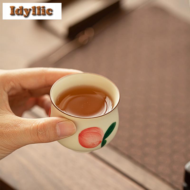 2pc/lot Hand-painted Longevity Peach Teacup Elegant Tea Bowl Tea Cup Set Tea-tasting Smelling Cup Jianzhan Master Cups Gift 65ml