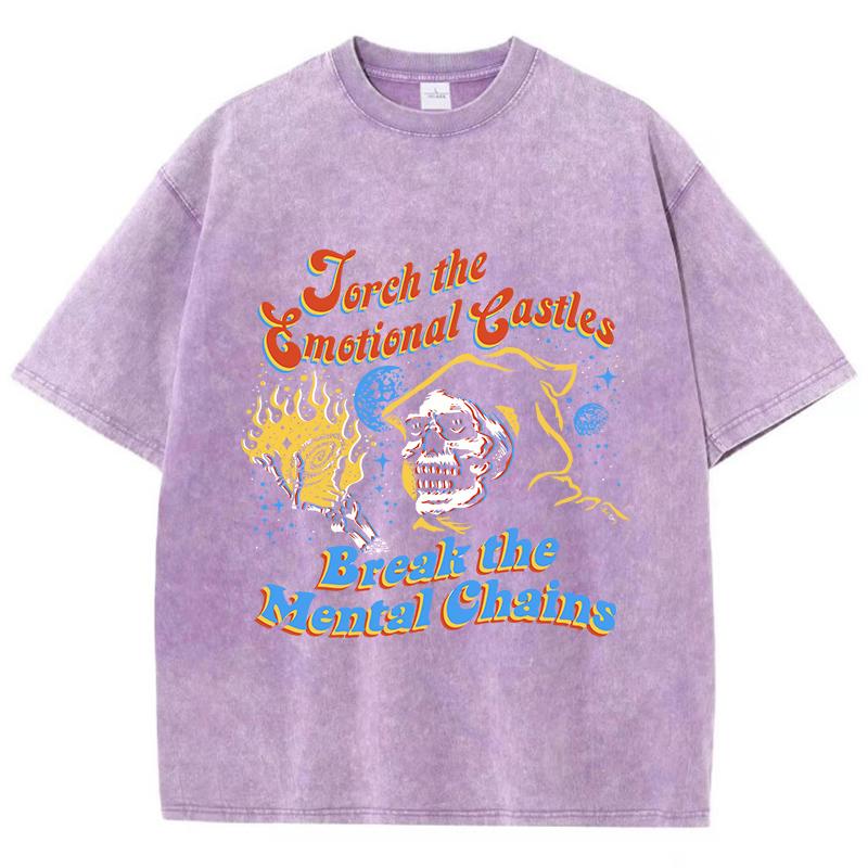 Street Women Washed T-Shirts Skeleton Witch Vintage Printed Tee Shirts Comfortable Cotton Oversize Tees Summer Clothes