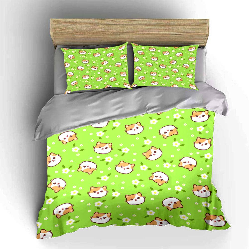 Cartoon Cats and Flowers On Green Background Print Bedding Set 1 Duvet Cover 2 Pillowcases for Adult and Children Luxury Gift