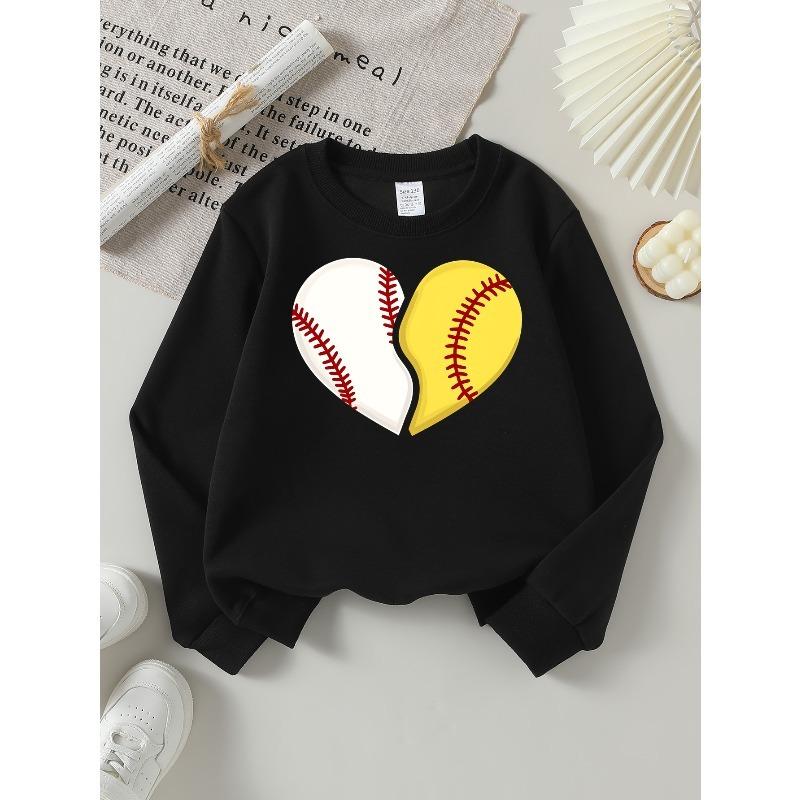 Girls' Long-Sleeve Casual Crewneck Sweatshirt | Baseball Softball Heart Design, Suitable For Outdoor Sports And
