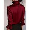 Women ruffled stand collar satin three quarter sleeve shirt multi color slim fit rhinestone pearl brooch office elegant blouse