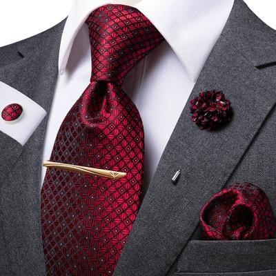 Mens Wine Red Silk Tie Set Brooch Pin Necktie Hanky Cufflinks Tie Clip for Business Wedding