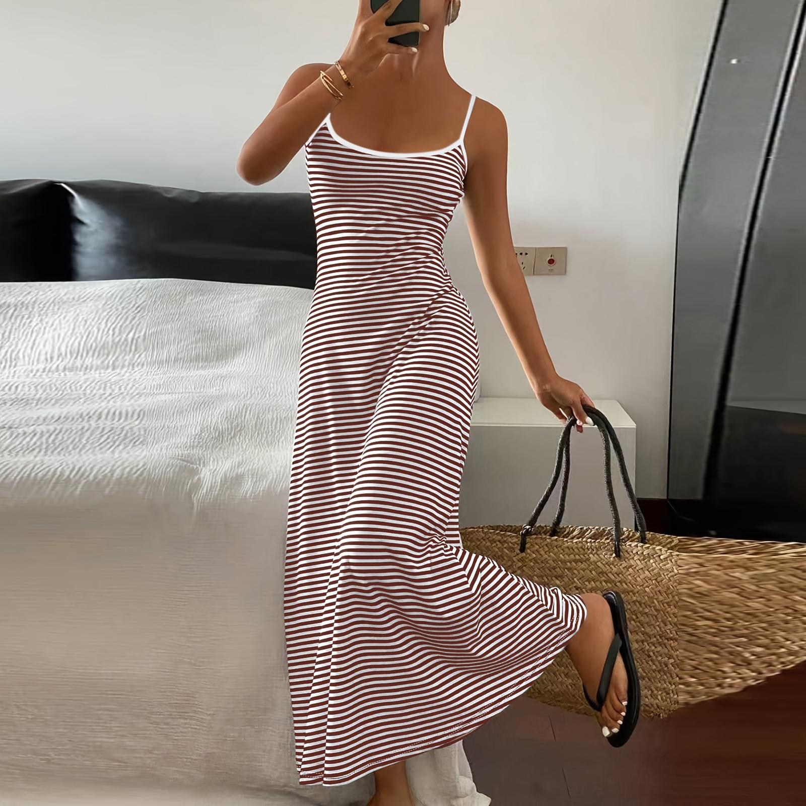 

Women’s Sleeveless Striped Maxi Dress Casual Long Tank Dress with Scoop Neck and Relaxed Fit for Everyday Wear S коричневий