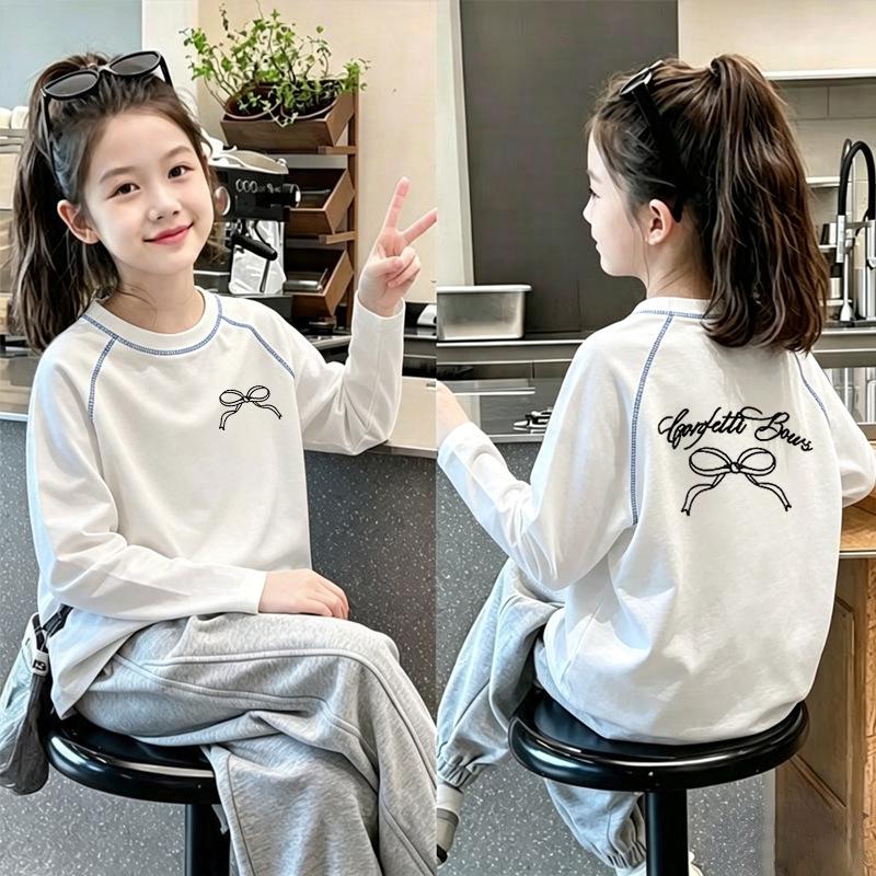 Korean Style Cartoon Cotton Long Sleeve T-shirt for Girls, Medium & Large - Spring/Autumn Casual Loose Fit