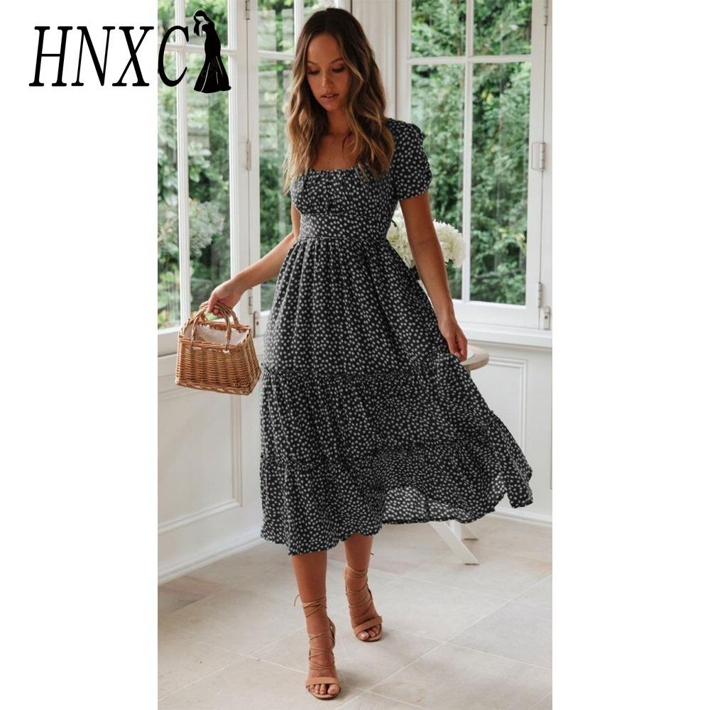 HNXC Summer Love Polka Dot Dress Women Casual A-Line Short Sleeve Square Collar Ruffle Midi Dress Chiffon Red Black Blue Green