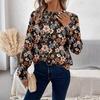 Ladies Autumn Winter Long Sleeve O Neck Flower Printed Pullover T Shirt Top