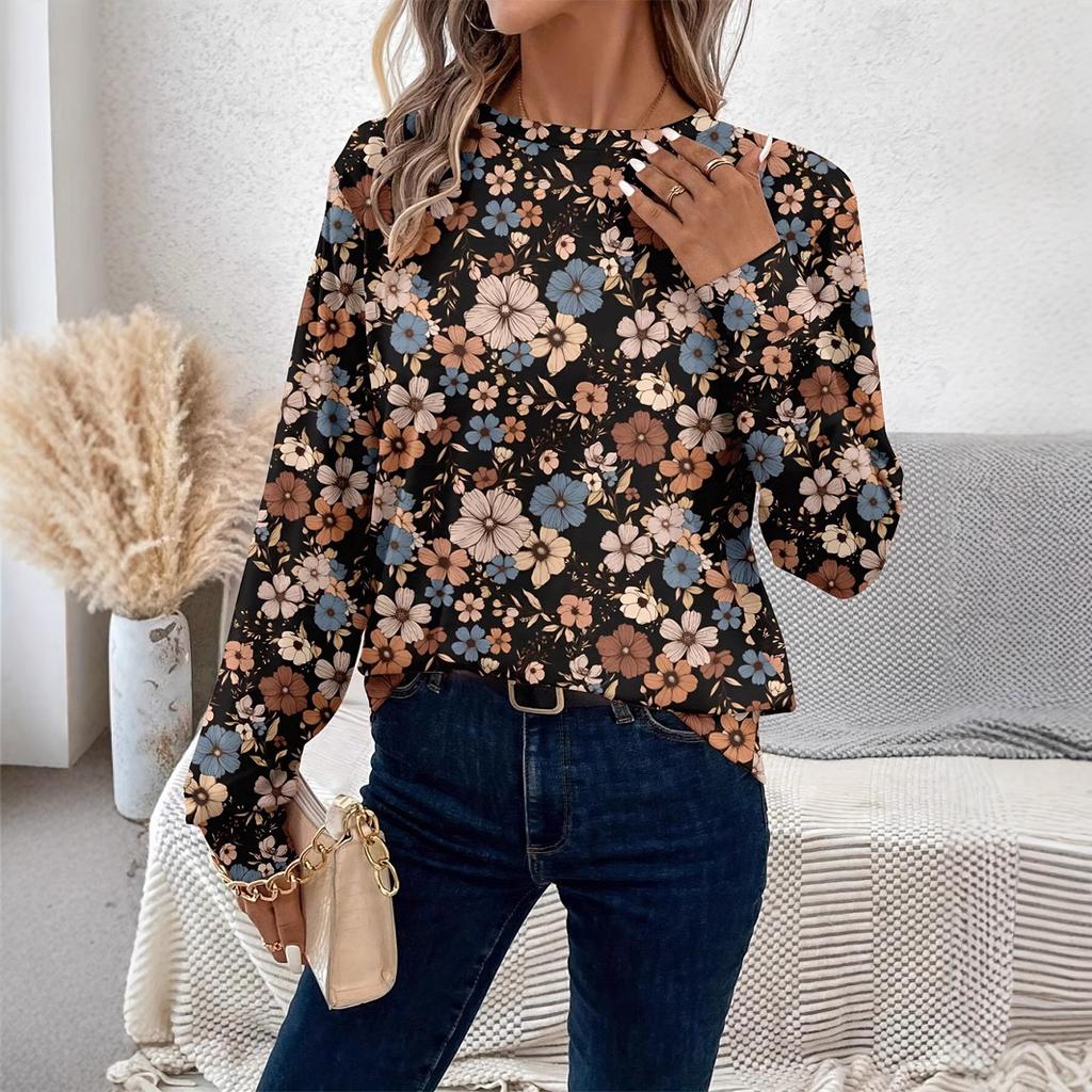 Ladies Autumn Winter Long Sleeve O Neck Flower Printed Pullover T Shirt Top