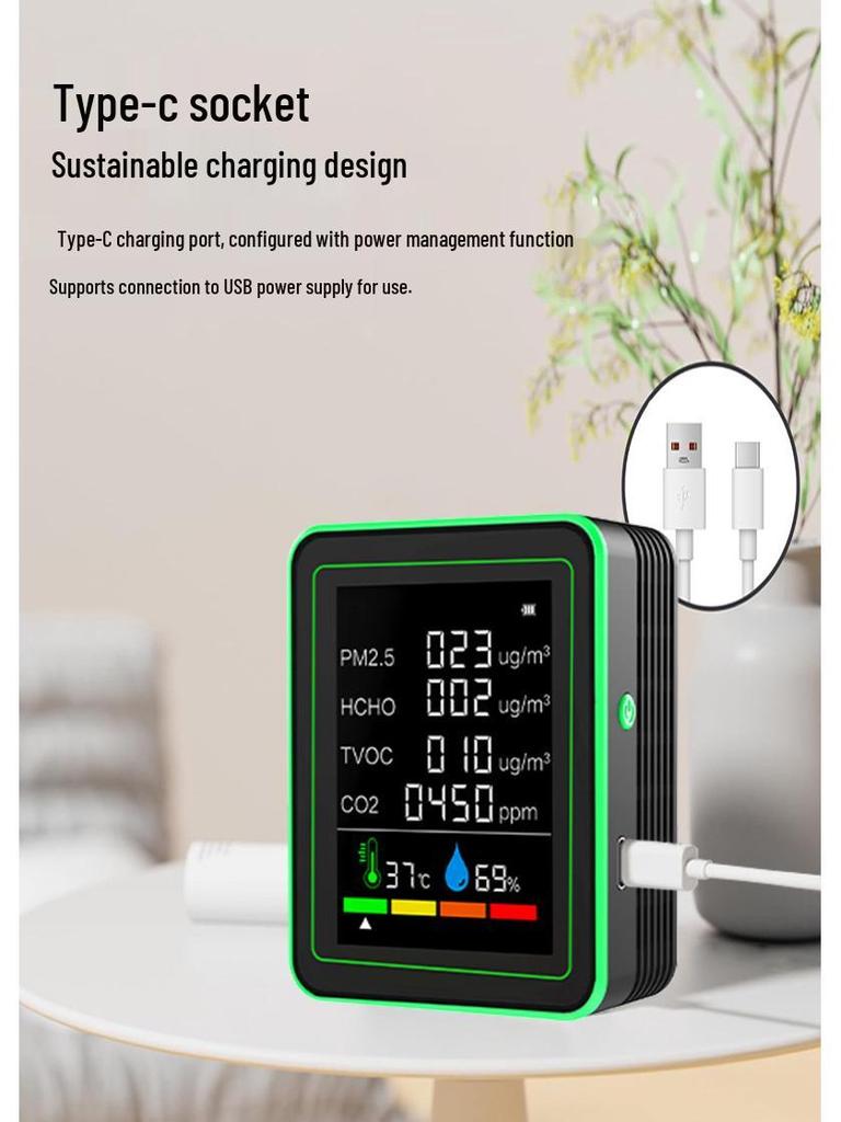 6-in-1 Air Quality Monitor: Formaldehyde, PM2.5, CO2, TVOC Detection