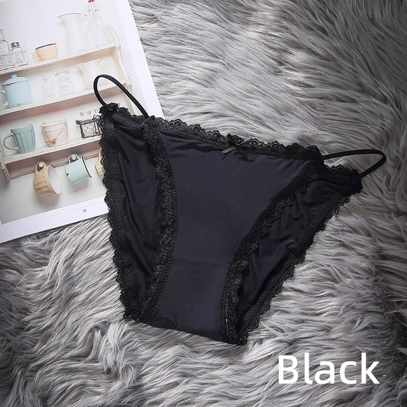 Ice Silk Girls Panty Women's Sensual Spaghetti Straps Breathable Cotton Crotch Low Waist Lace Edge Panties