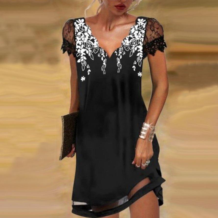 Women's Midi Dress V-Neck Short Sleeve Ethnic Style Dress Casual Gradual Print Lace Mesh Dress