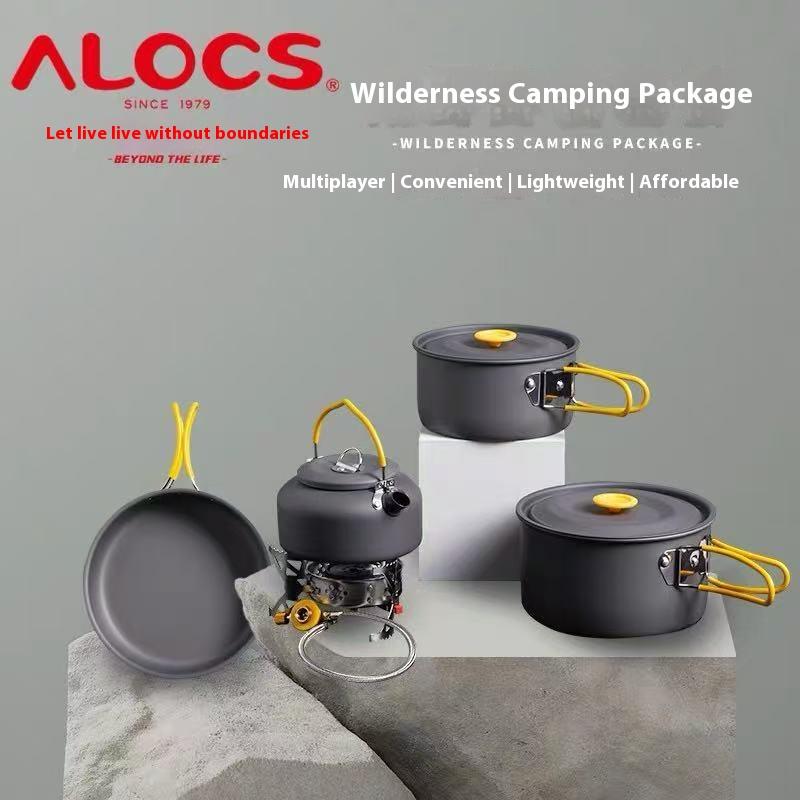 Alocs Outdoor Camping Cookware Set, Hurricane Stove, Camping 4 Person Kit with Storage Bag and Utensils