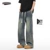 Nostalgic Straight Leg Men's Patchwork Jeans - Loose, Plus Size, Wide Leg, Drawstring Casual Pants for Men and Women.