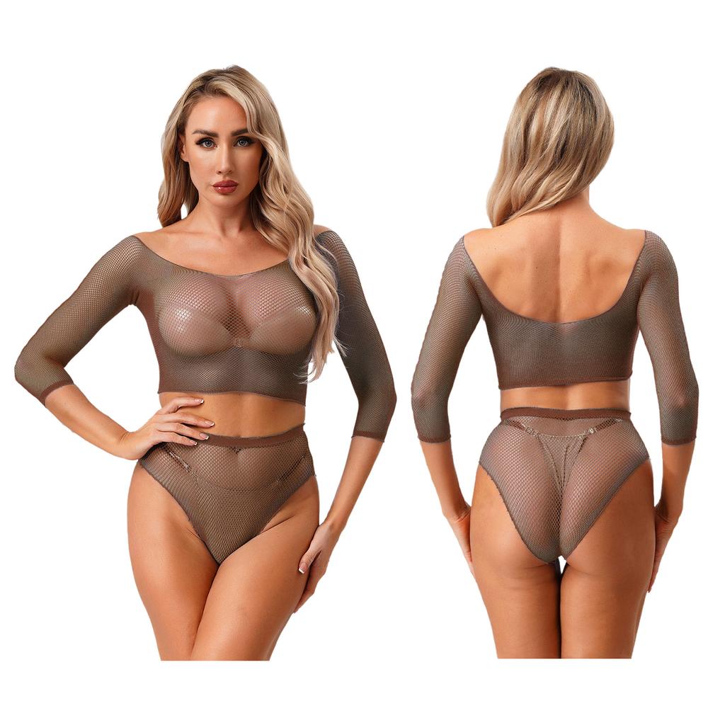 Sexy Women Lingerie Fishnet Top Briefs Set See Through Bikini Cover Couples Role Play Costume Tempting Outfit