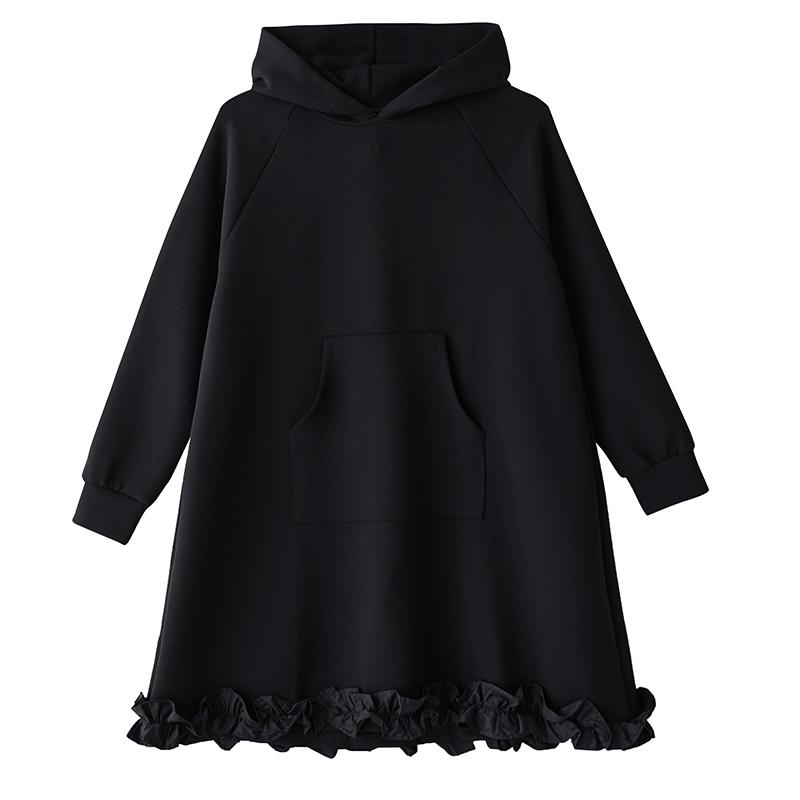 DIMANAF 2025 Women Plus Size Autumn Shirt Dress Long Sleeve Hooded Loose Casual Oversize Vintage Dress Black