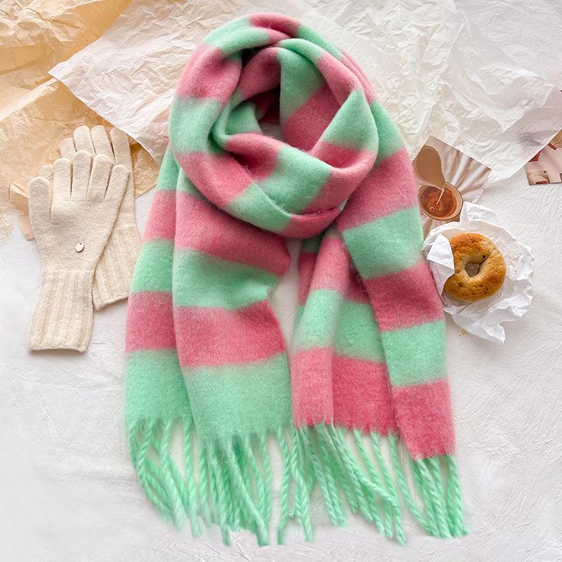 Retro wool scarf women's winter high-end sense versatile striped color matching warm knitted thickened scarf