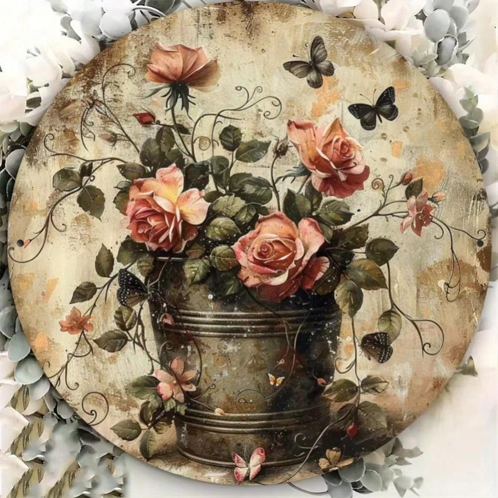 Vintage Floral Metal Wall Art Round Indoor Outdoor Decor Plaque