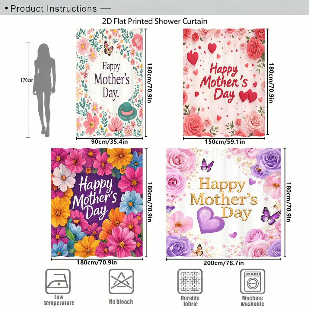 Happy Mother'S Day Themed Polyester Shower Curtain - Floral & Heart Printed Bathroom Decorative Curtain