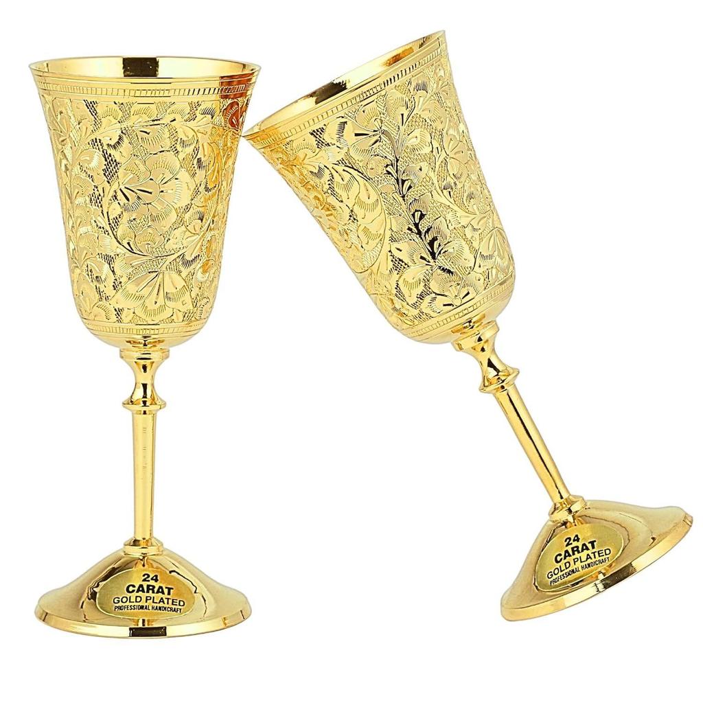 Plated Brass Wine Glasses, Metal Chalice Goblet, Champagne Flutes, Wedding for Couple Marriage, Diwali, Corporate Clients- Set of 2 Tulip Design