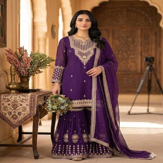 The Mehrunisa Embroidered Georgette Sharara Set M