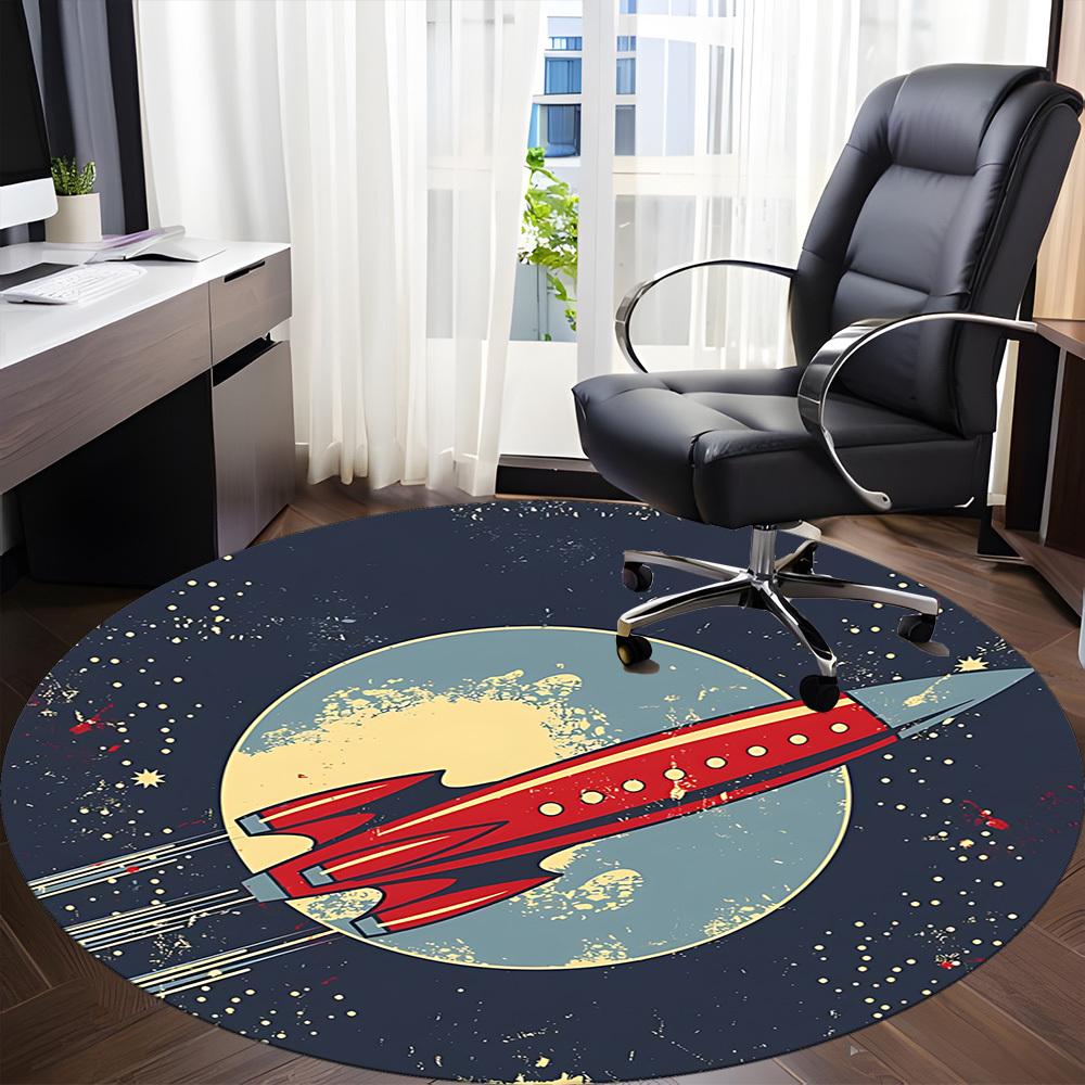 1pc Rocket Moon Office Round Area Rug, Indoor Mat Suitable For Office, Under Office Chairs Bedroom Living Room Home Decor, Room Deco