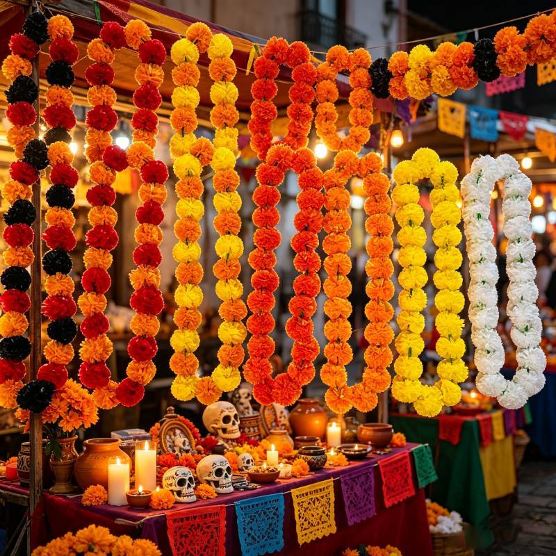 Dia De Los Muertos Decoracion Multicolor Marigold Garland With Plastic Decor For Party Venue Decoration