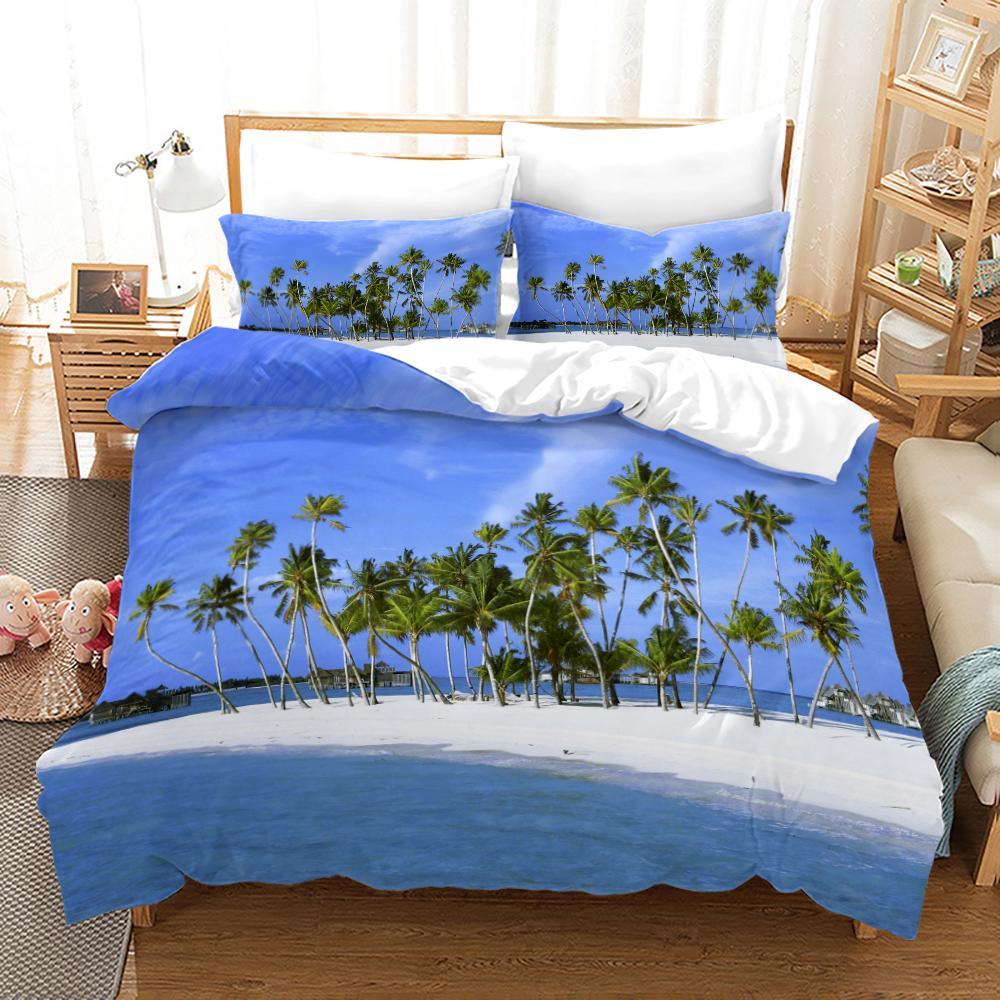 Tropical Landscape Polyester Duvet Cover Sets King Full With Pillowcase Coconut Trees Sea Sunset Natural View Large Sun Pattern