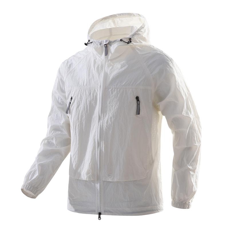UPF50+Men's Hooded Windbreaker Jacket - Ultra Light Summer Zipper Pocket Elastic Cuffs Suitable for Outdoor Hiking and Running