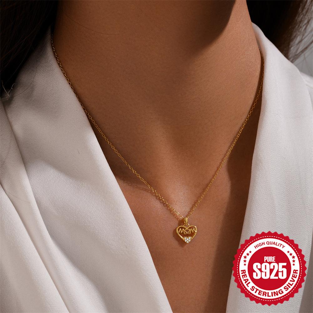 S925 Sterling Silver Heart Element English Letters Mom Ladies Pendant Necklace Clavicle Chain