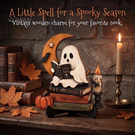 Healing Atmosphere Home Art Halloween Reading Ghost Figurine, Retro Wooden Statue, Vintage Desktop Creative Ornament with Stacked Book for Office